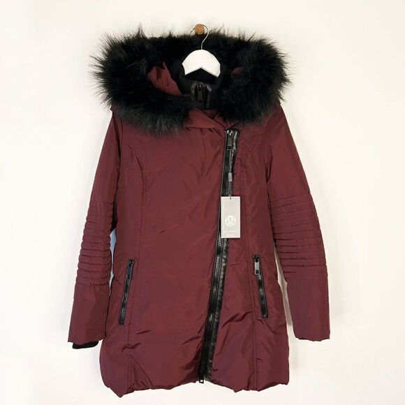 NEW Ellabee Burgundy Double Bib Down Parka with Faux Fur Hood - Picture 1 of 12